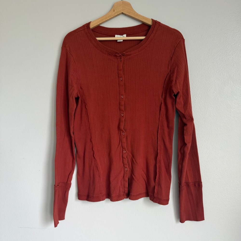 Sundance Terracotta Rust Red Pointelle Ribbed Cotton Button Front Cardigan Top M